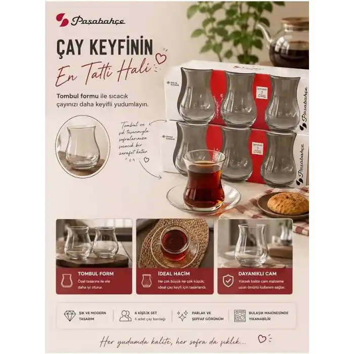 Paşabahçe SEMAVER ÇAY BARDAĞI 285 CC 3LÜ PENCERELİ KUTU