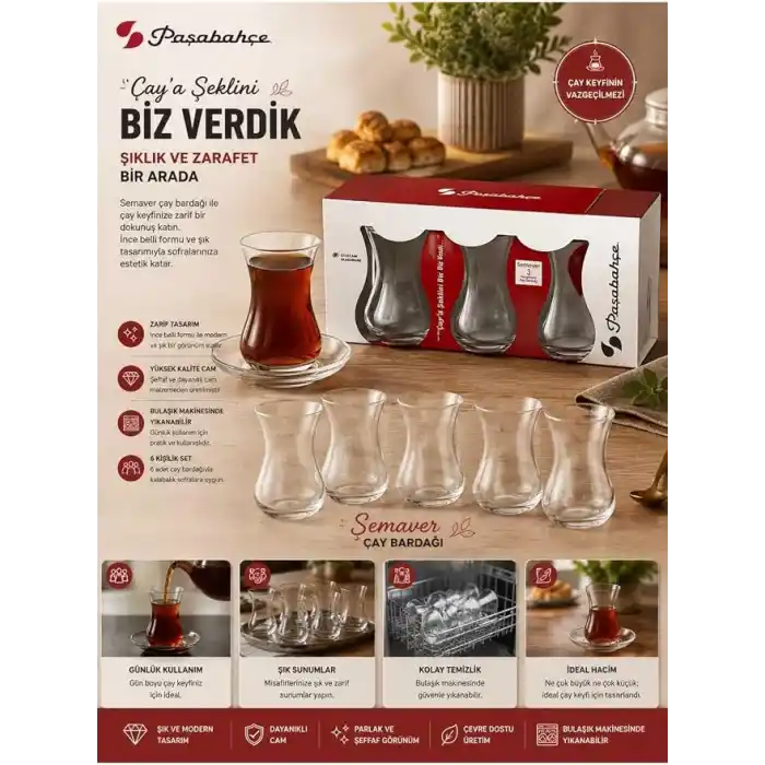Paşabahçe SEMAVER ÇAY BARDAĞI 285 CC 3LÜ PENCERELİ KUTU