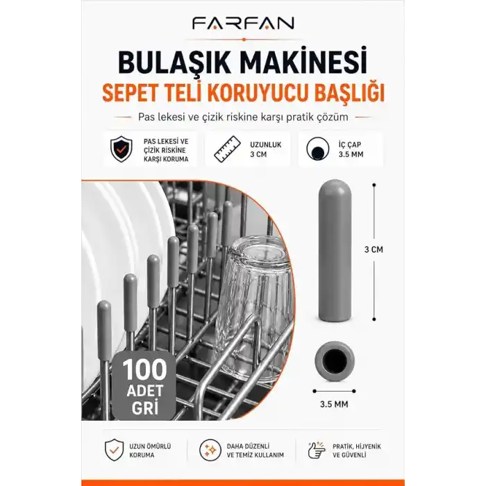Farfan 100 Adet Gri - Bulaşık Makinesi Sepet Ucu Plastik Kapak - Pas ve Çizilme Önleyici Koruyucu - Tamir Seti