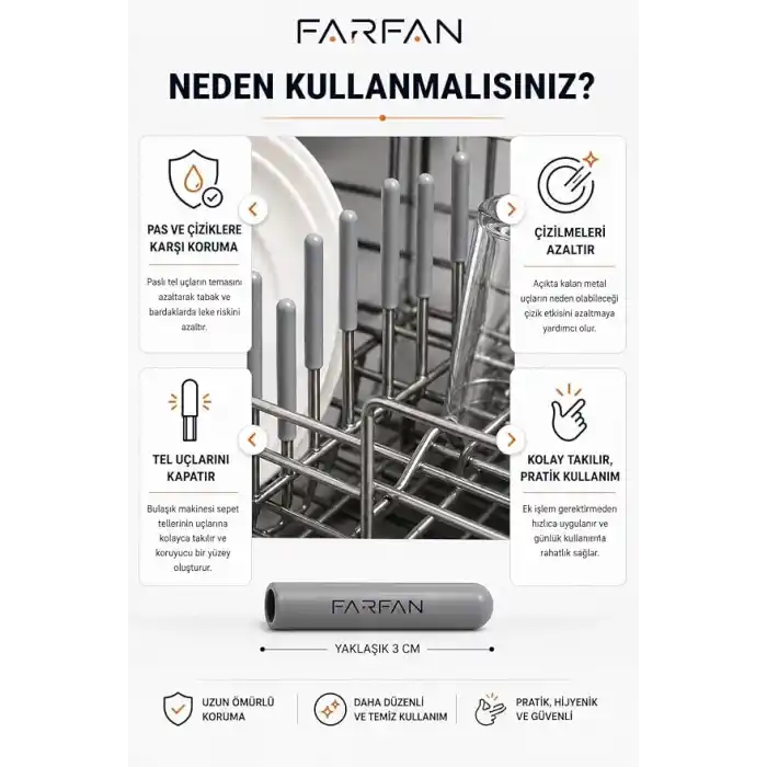 Farfan 100 Adet Gri - Bulaşık Makinesi Sepet Ucu Plastik Kapak - Pas ve Çizilme Önleyici Koruyucu - Tamir Seti