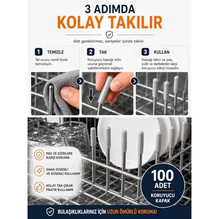 Farfan 100 Adet Gri - Bulaşık Makinesi Sepet Ucu Plastik Kapak - Pas ve Çizilme Önleyici Koruyucu - Tamir Seti
