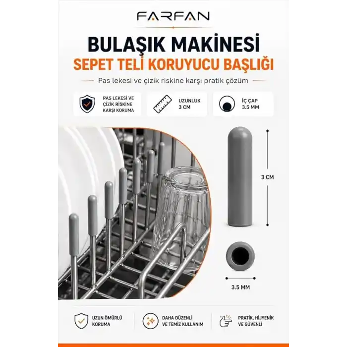 Farfan 100 Adet Gri - Bulaşık Makinesi Sepet Ucu Plastik Kapak - Pas ve Çizilme Önleyici Koruyucu - Tamir Seti