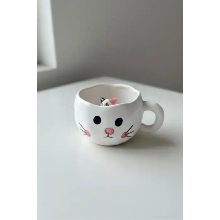 ARVALE Sevimli Kedi Tasarımlı Beyaz Seramik Kupa - Dekoratif Bardak