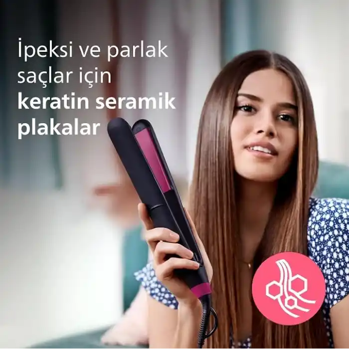 Philips Saç Düzleştirici, Keratin Seramik Plaka, ThermoProtect Teknolojisi, 2 Sıcaklık Ayarı, Tuş Kilidi, 60 Saniyede Isınma, 220°C’ye Kadar Sıcaklık Ayarı, BHS375/00