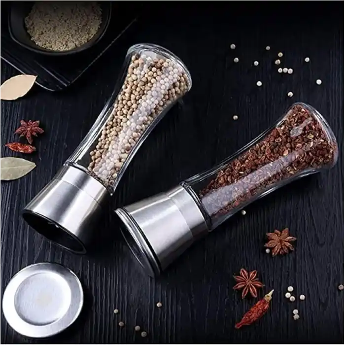 Mithra Life 2li Büyük Boy Metal Krom Kapaklı Cam Tuz Karabiber Değirmeni Gümüş Tuzluk Biberlik MIT1245
