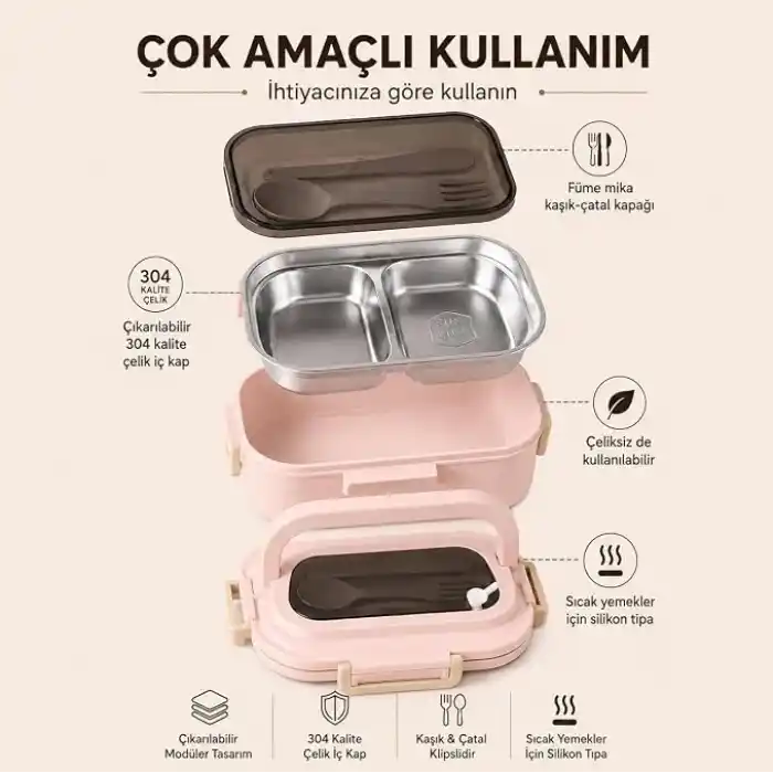 304 Paslanmaz Çelik Çift Bölmeli Beslenme Kutusu, Çatal Kaşıklı Sızdırmaz Sefer Tası Yemek Kabı, Kahverengi Gri Yeşil Pembe Renk Seçenekleri (Pembe)