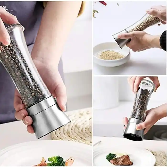 Mithra Life 2li Büyük Boy Metal Krom Kapaklı Cam Tuz Karabiber Değirmeni Gümüş Tuzluk Biberlik MIT1245
