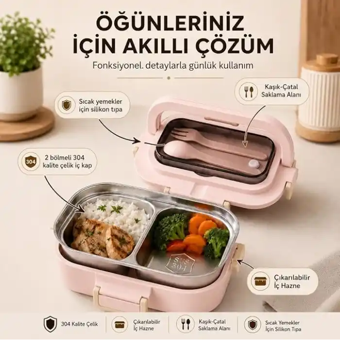 304 Paslanmaz Çelik Çift Bölmeli Beslenme Kutusu, Çatal Kaşıklı Sızdırmaz Sefer Tası Yemek Kabı, Kahverengi Gri Yeşil Pembe Renk Seçenekleri (Pembe)