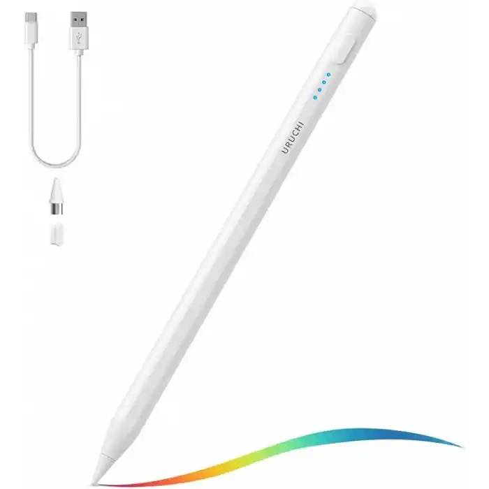 URUCHI Aktif Stylus Kalem, iPad, iPhone ve Android Tabletler ile Uyumlu, 4 LED Işıklı Pil Göstergesi, USB-C Şarjlı, Bluetooth Gerektirmez, Hassas Kapasitif Dokunmatik Kalem, Beyaz