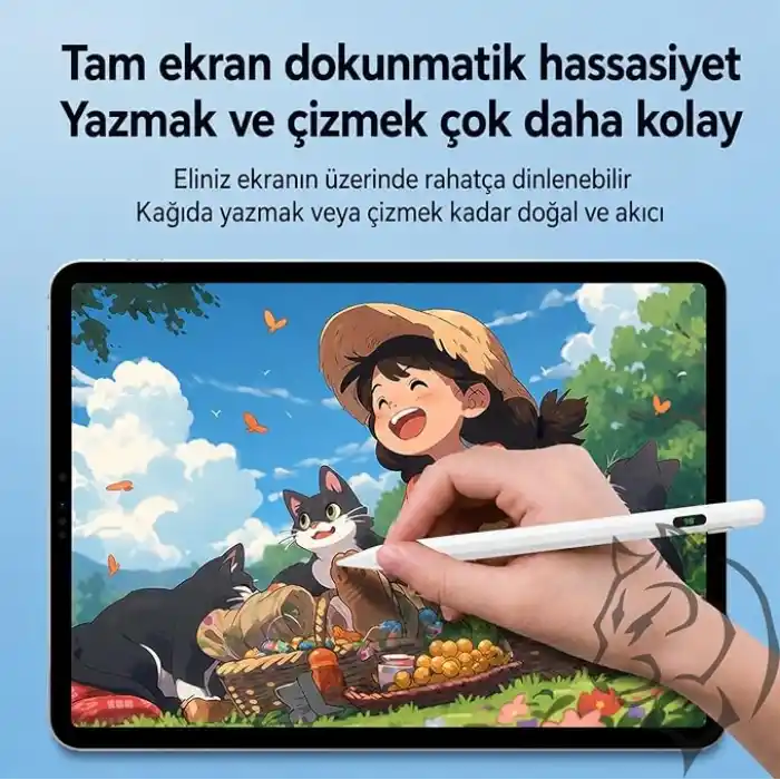 URUCHI Aktif Stylus Kalem, iPad, iPhone ve Android Tabletler ile Uyumlu, 4 LED Işıklı Pil Göstergesi, USB-C Şarjlı, Bluetooth Gerektirmez, Hassas Kapasitif Dokunmatik Kalem, Beyaz