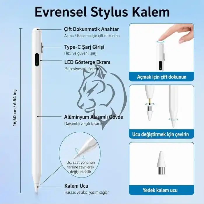 URUCHI Aktif Stylus Kalem, iPad, iPhone ve Android Tabletler ile Uyumlu, 4 LED Işıklı Pil Göstergesi, USB-C Şarjlı, Bluetooth Gerektirmez, Hassas Kapasitif Dokunmatik Kalem, Beyaz