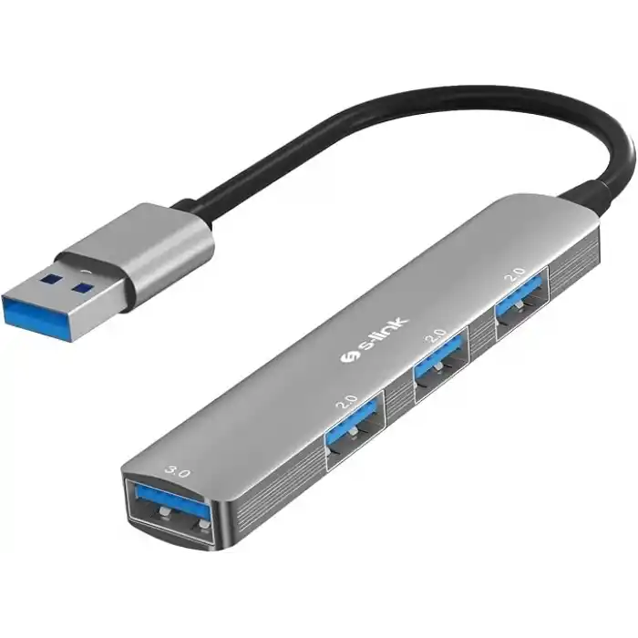S-link SW-U333 USB Hub 4 Port Metal USB Çoklayıcı, 1x USB 3.0 + 3x USB 2.0, 5Gbps Hızlı Veri Aktarımı, Slim Alüminyum Tasarım, Tak Çalıştır USB Çoğaltıcı Hub, Laptop PC Uyumlu