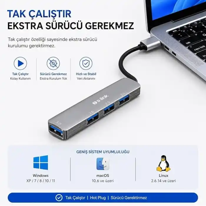 S-link SW-U333 USB Hub 4 Port Metal USB Çoklayıcı, 1x USB 3.0 + 3x USB 2.0, 5Gbps Hızlı Veri Aktarımı, Slim Alüminyum Tasarım, Tak Çalıştır USB Çoğaltıcı Hub, Laptop PC Uyumlu