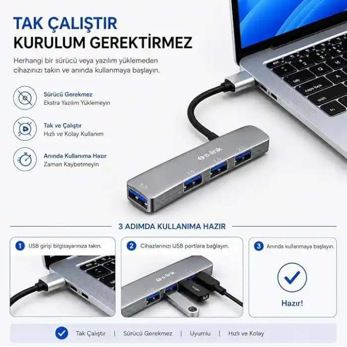 S-link SW-U333 USB Hub 4 Port Metal USB Çoklayıcı, 1x USB 3.0 + 3x USB 2.0, 5Gbps Hızlı Veri Aktarımı, Slim Alüminyum Tasarım, Tak Çalıştır USB Çoğaltıcı Hub, Laptop PC Uyumlu