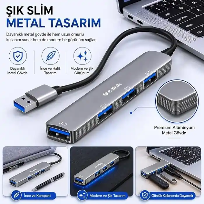 S-link SW-U333 USB Hub 4 Port Metal USB Çoklayıcı, 1x USB 3.0 + 3x USB 2.0, 5Gbps Hızlı Veri Aktarımı, Slim Alüminyum Tasarım, Tak Çalıştır USB Çoğaltıcı Hub, Laptop PC Uyumlu