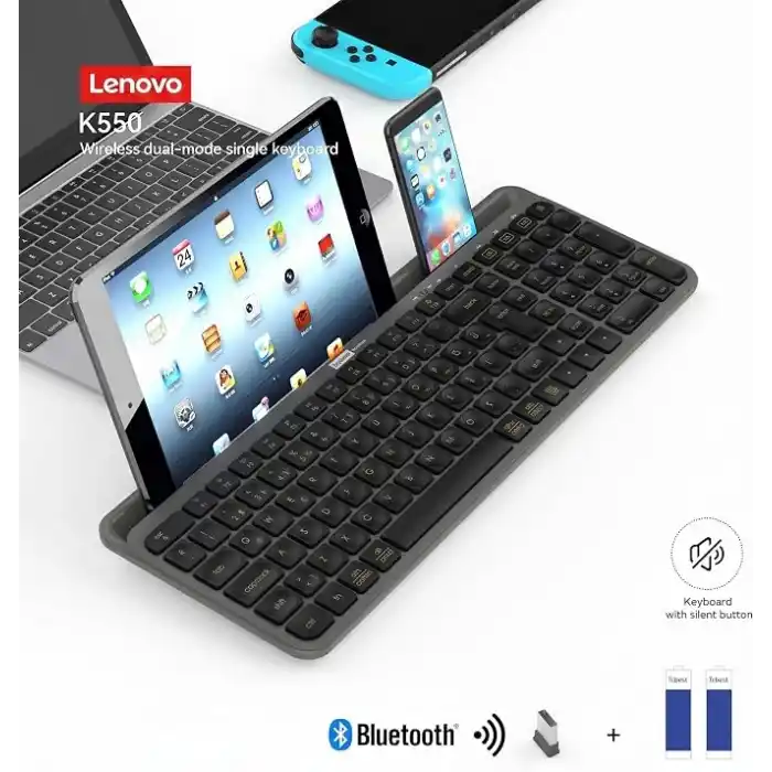 Lenovo K550 Dual-Mode Kablosuz Klavye - Bluetooth + 2.4GHz, Entegre Tablet ve Telefon Standlı, Sessiz Tuşlar, Q Türkçe, Siyah