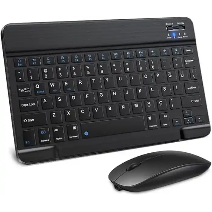 Bluetooth Kablosuz Şarjlı Türkçe Q Klavye Alüminyum Alışım Mini Pilli Mouse Süper Hafif Taşınabillir Bluetooth Eşleştirmeli Midi Klavye 25cm x 15cm