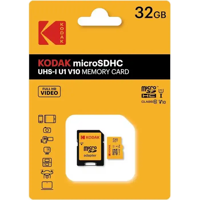 KODAK 32GB Micro SD UHS-I C10 U1 V10 Kart + SD Adaptör, Sarı