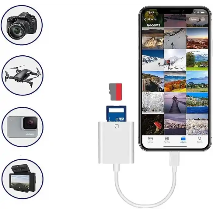 Coverzone Lightning Girişli iPhone 11 12 13 14 Uyumlu Kart Okuyucu SD Kart Adaptörü TF Kart Okuyucu Disk Adaptörü Mobil Kart Okuyucu Hızlı Aksesuarları Bağlayın - (S101 - Lightning)
