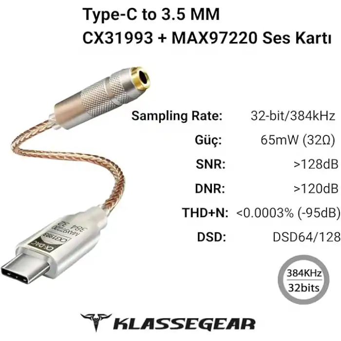 Klasse Type-C - 3.5 CX31993 MAX97220 Çip HiFi DAC Ses Kartı Kulaklık Kablosu (USB başlık)