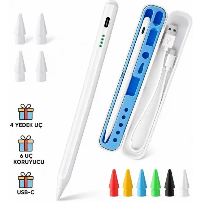 Infomax iPad Kalem, Apple Pencil Alternatifi, USB-C Hızlı Şarj, Palm Rejection, iPad Pencil, iPad 6-11 / Air 3-7 / Mini 5-7 / Pro Uyumlu, 4 Yedek Uç ve 6 Uç Koruyucu Dahil
