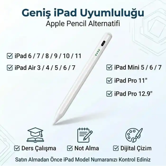 Infomax iPad Kalem, Apple Pencil Alternatifi, USB-C Hızlı Şarj, Palm Rejection, iPad Pencil, iPad 6-11 / Air 3-7 / Mini 5-7 / Pro Uyumlu, 4 Yedek Uç ve 6 Uç Koruyucu Dahil