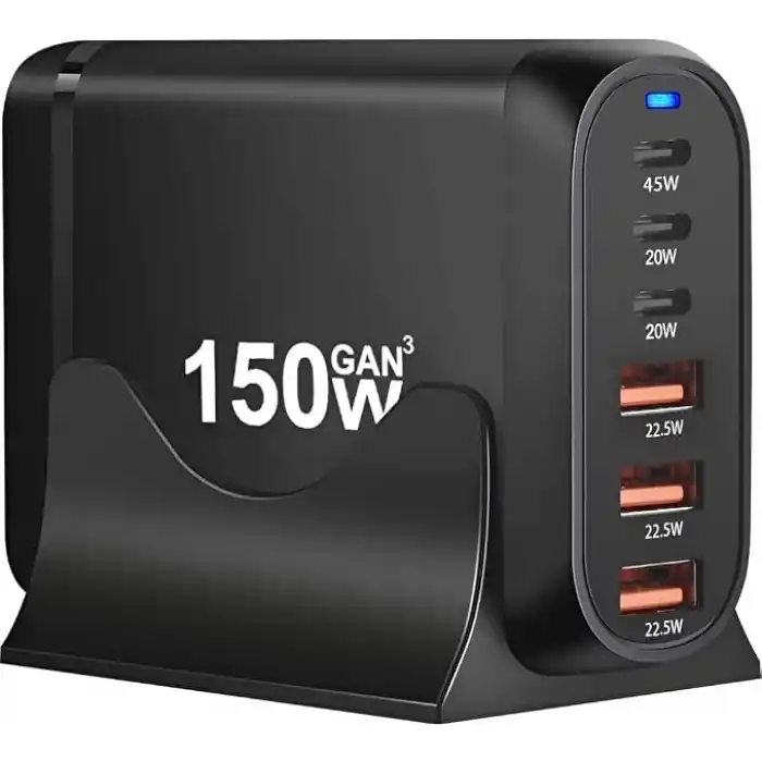 Jouis Çoklu Şarj İstasyonu GaN 150W - 6 Portlu Masaüstü Hızlı Şarj Cihazı (4x Type-C 100W/20W, 2x USB-A 18W) MacBook, Laptop, iPhone 15/14, iPad ve Android Uyumlu Akıllı Şarj Adaptörü