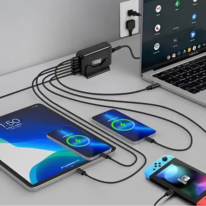 Jouis Çoklu Şarj İstasyonu GaN 150W - 6 Portlu Masaüstü Hızlı Şarj Cihazı (4x Type-C 100W/20W, 2x USB-A 18W) MacBook, Laptop, iPhone 15/14, iPad ve Android Uyumlu Akıllı Şarj Adaptörü