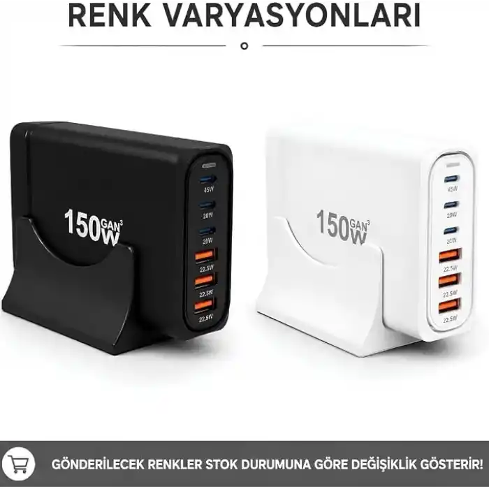 Jouis Çoklu Şarj İstasyonu GaN 150W - 6 Portlu Masaüstü Hızlı Şarj Cihazı (4x Type-C 100W/20W, 2x USB-A 18W) MacBook, Laptop, iPhone 15/14, iPad ve Android Uyumlu Akıllı Şarj Adaptörü