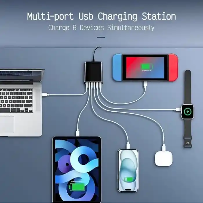 Jouis Çoklu Şarj İstasyonu GaN 150W - 6 Portlu Masaüstü Hızlı Şarj Cihazı (4x Type-C 100W/20W, 2x USB-A 18W) MacBook, Laptop, iPhone 15/14, iPad ve Android Uyumlu Akıllı Şarj Adaptörü