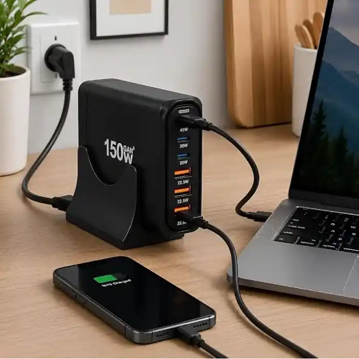 Jouis Çoklu Şarj İstasyonu GaN 150W - 6 Portlu Masaüstü Hızlı Şarj Cihazı (4x Type-C 100W/20W, 2x USB-A 18W) MacBook, Laptop, iPhone 15/14, iPad ve Android Uyumlu Akıllı Şarj Adaptörü