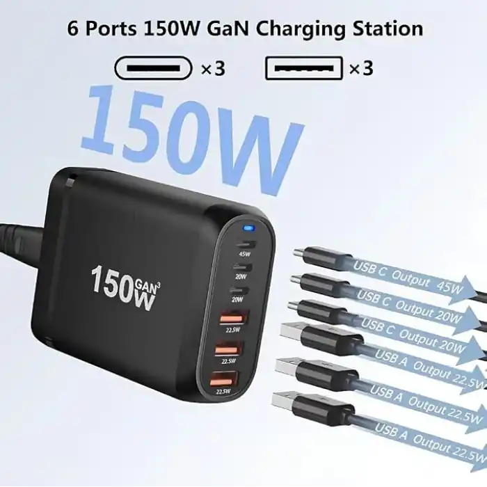 Jouis Çoklu Şarj İstasyonu GaN 150W - 6 Portlu Masaüstü Hızlı Şarj Cihazı (4x Type-C 100W/20W, 2x USB-A 18W) MacBook, Laptop, iPhone 15/14, iPad ve Android Uyumlu Akıllı Şarj Adaptörü