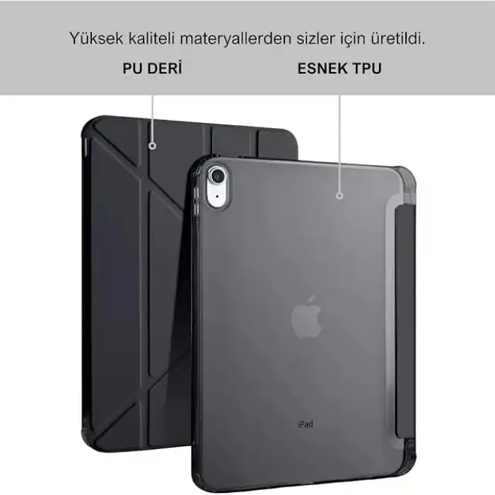 Klasse Apple iPad 10.9 inç 2022 10. Nesil Uyumlu Smart Kılıf, Apple Pencil Kalemlikli, Trifold, Esnek, Mat, Darbeye Tam Dayanıklı Tablet Kılıfı (Siyah)