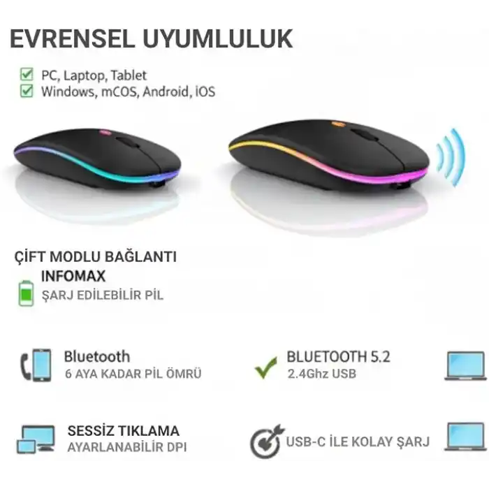 Infomax Kablosuz Mouse, Çift Modlu (Bluetooth 5.0 + 2.4Ghz USB) Şarj Edilebilir RGB Işıklı Sessiz Mouse, PC, Laptop, Macbook, Tablet, iPad, Telefon Uyumlu (BGMS, Siyah)
