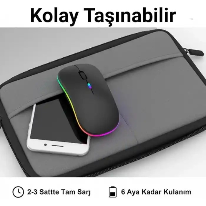 Infomax Kablosuz Mouse, Çift Modlu (Bluetooth 5.0 + 2.4Ghz USB) Şarj Edilebilir RGB Işıklı Sessiz Mouse, PC, Laptop, Macbook, Tablet, iPad, Telefon Uyumlu (BGMS, Siyah)