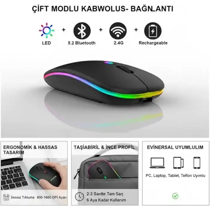 Infomax Kablosuz Mouse, Çift Modlu (Bluetooth 5.0 + 2.4Ghz USB) Şarj Edilebilir RGB Işıklı Sessiz Mouse, PC, Laptop, Macbook, Tablet, iPad, Telefon Uyumlu (BGMS, Siyah)