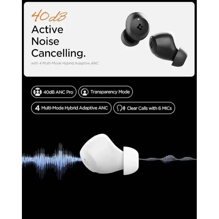 Spigen Audio TWS P10 Bluetooth Kablosuz Kulaklık - ANC Pro Aktif Gürültü Engelleme & 10mm Sürücü & 30 Saat Pil & & ENC 6 Mikrofon & Şeffaf & Gaming Mod iPX4 White - ASD07963