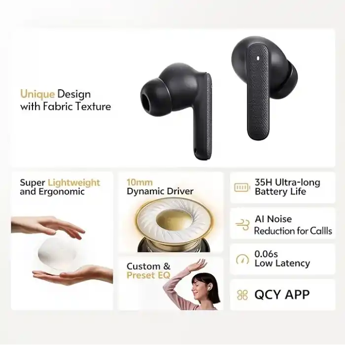 QCY Buds Bluetooth Kulaklık - Şık Tasarım - iPX4-35 Saat Ultra Uzun Pil Ömrü - Düşük Gecikme 0.06s -AI Gri
