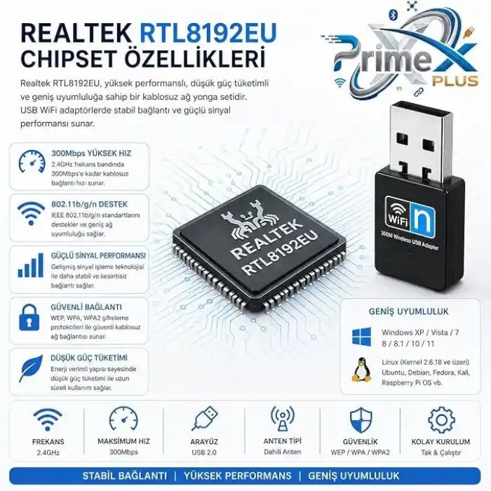 PrimeX PX-WF3 Realtek RTL8192EU 300Mbps USB WiFi Adaptör, 2.4GHz 802.11n Wireless Dongle, USB Kablosuz Ağ Alıcı, PC Laptop Notebook Mini PC İçin WiFi Aparatı, Windows 11/10 ve Linux Tak Çalıştır