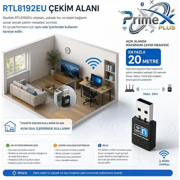 PrimeX PX-WF3 Realtek RTL8192EU 300Mbps USB WiFi Adaptör, 2.4GHz 802.11n Wireless Dongle, USB Kablosuz Ağ Alıcı, PC Laptop Notebook Mini PC İçin WiFi Aparatı, Windows 11/10 ve Linux Tak Çalıştır