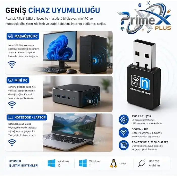 PrimeX PX-WF3 Realtek RTL8192EU 300Mbps USB WiFi Adaptör, 2.4GHz 802.11n Wireless Dongle, USB Kablosuz Ağ Alıcı, PC Laptop Notebook Mini PC İçin WiFi Aparatı, Windows 11/10 ve Linux Tak Çalıştır