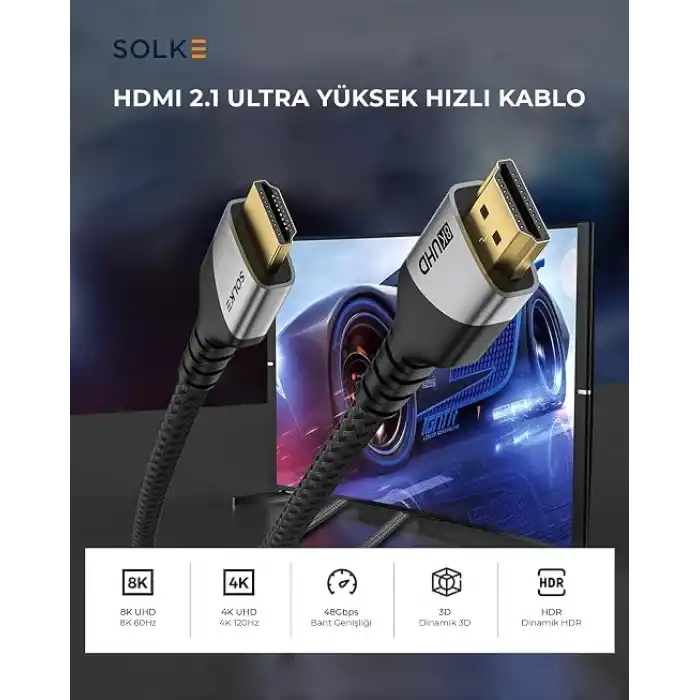 HDMI 2.1 Kablo UHD 8K 60Hz 4K 120Hz 48Gbps HDR eARC HDCP TV Monitör PS5 Xbox Görüntü Kablosu Örgülü Alüminyum (3 Metre)