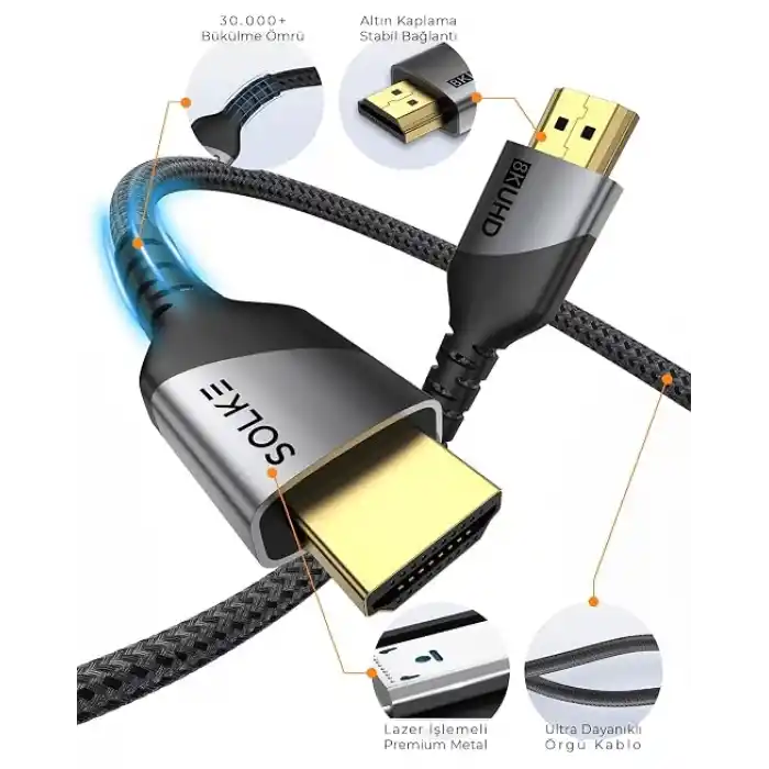 HDMI 2.1 Kablo UHD 8K 60Hz 4K 120Hz 48Gbps HDR eARC HDCP TV Monitör PS5 Xbox Görüntü Kablosu Örgülü Alüminyum (3 Metre)