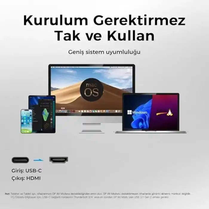 USB C HDMI Kablo (4K@60Hz,2K@144Hz,1080P@240Hz) HDR HDCP Type C to HDMI 2.0 [Thunderbolt 5/4/3, DeX Mode Uyumlu], iPhone 15/16/17 Pro, MacBook iPad Pro/Air, Samsung S25 ile Uyumlu (2 Metre)