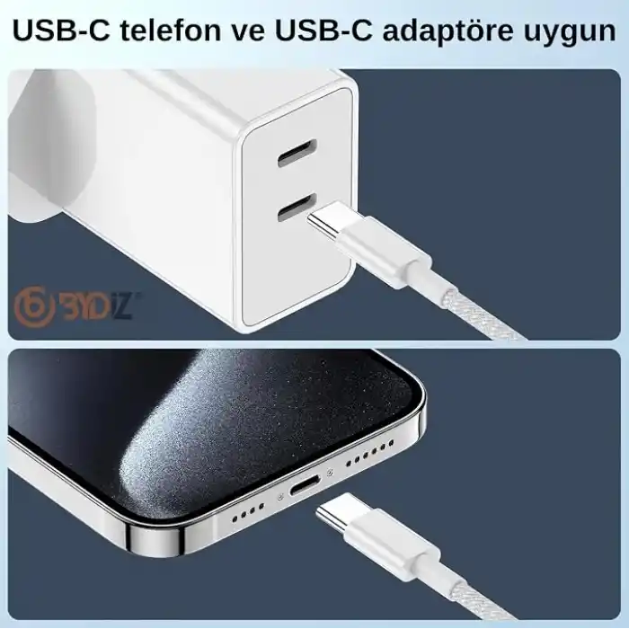 USB-C to USB-C Hızlı Şarj Kablosu Type-C 60W PD, 1m Örgülü Şarj Kablosu; iPhone 15 16 17 Pro Max, Samsung S24 S23 Ultra, iPad Pro ve USB-C Cihazlarla Uyumlu - Bydiz