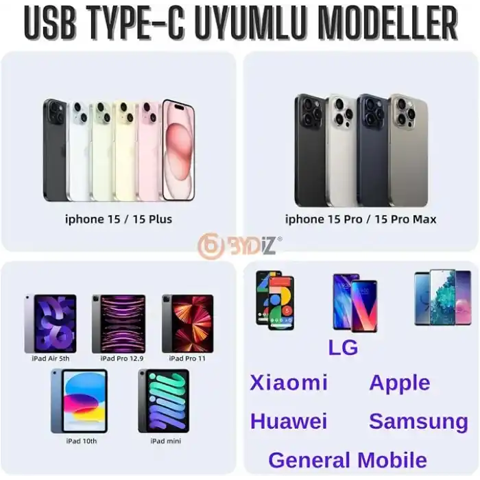 USB-C to USB-C Hızlı Şarj Kablosu Type-C 60W PD, 1m Örgülü Şarj Kablosu; iPhone 15 16 17 Pro Max, Samsung S24 S23 Ultra, iPad Pro ve USB-C Cihazlarla Uyumlu - Bydiz
