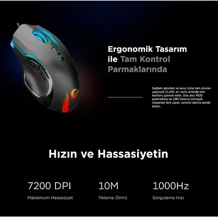 Rampage SMX-G38 CLAW Usb 7 Makro Tuşlu 7200dpi RGB Ledli Gaming Oyuncu Mouse