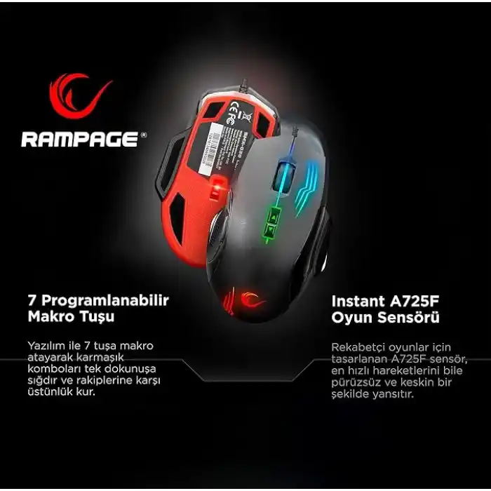 Rampage SMX-G38 CLAW Usb 7 Makro Tuşlu 7200dpi RGB Ledli Gaming Oyuncu Mouse