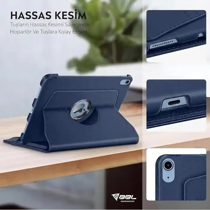 Apple iPad Yatay ve Dikey Standlı 360 Derece Döner Tablet Kılıfı (iPad 10.Nesil 10.9/iPad A16 Lacivert)