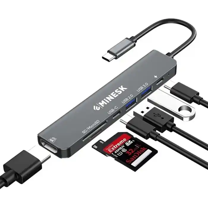 Minesk Macbook ile Uyumlu USB-C Hub Çoklayıcı HDMI/SD Card/Micro SD/USB 2.0/USB 3.0/USB-C/PD 100watt / bağlantı Port USB Çoklayıcı Adaptör (7-in -1 Multi Hub HDMI)